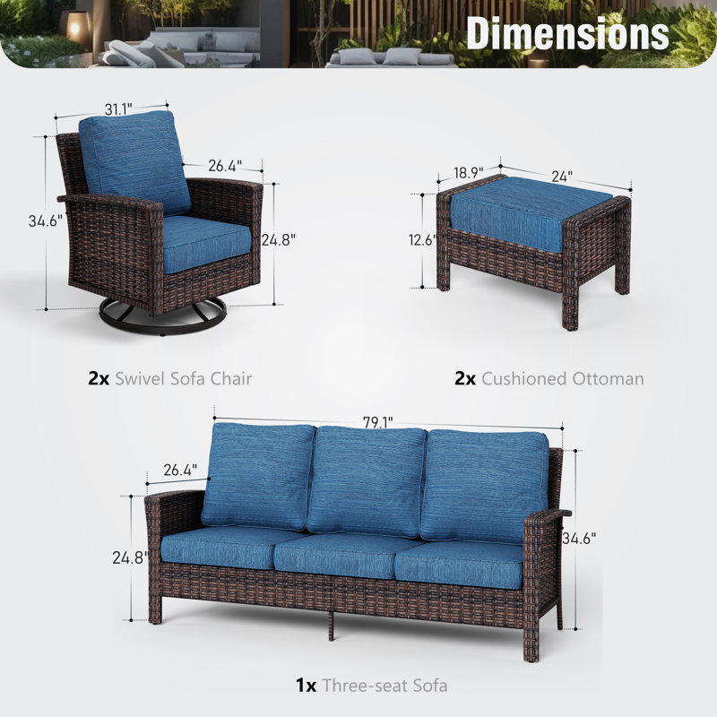 Nadilee Premium All-Weather Wicker 5 - Person Patio Conversation Set with Cushions, Navy