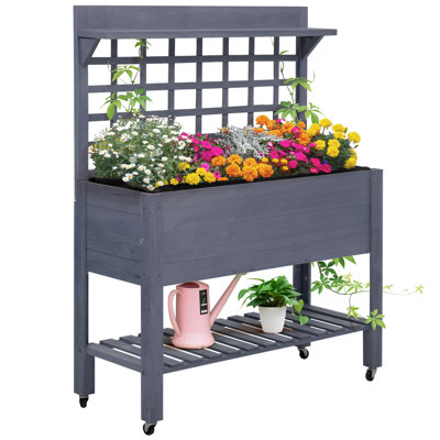 Lit de jardin surélevé de 41 po avec treillis sur roulettes, bac à fleurs surélevé en bois avec pieds et doublure de lit, pour fleurs, herbes et légumes, gris