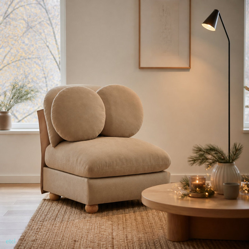 Canapé sans accoudoirs en tissu de chenille avec coussins, Camel Chenille, Bois naturel