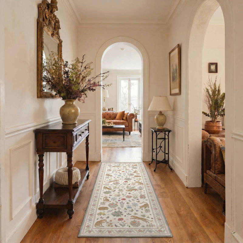 Floral Leopard Machine Washable Sable Beige Indoor Area Rug With Non-Slip Backing, Runner 2' x 7'