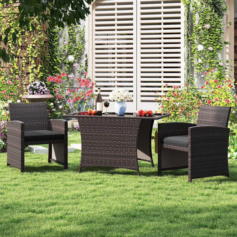 3 Pcs Wicker Bistro Set Balcony Furniture Set With Tempered Glass Dining Table