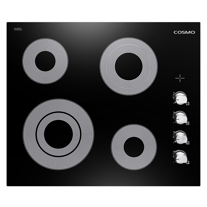 Plaque de cuisson électrique en vitrocéramique de 24 po avec 4 éléments Cosmo, élément à deux zones, voyant lumineux de surface chaude et boutons de commande