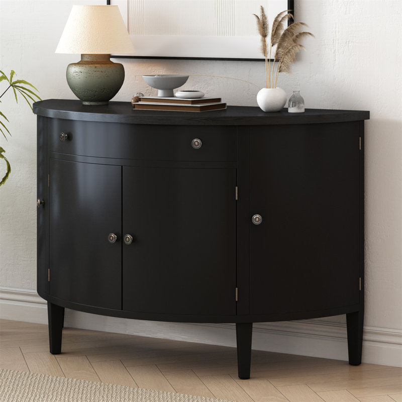 Armoire de rangement incurvée avec tablettes réglables et placage en bois massif Fraxinus Mandschuric, idéale pour une organisation à la maison élégante et fonctionnelle.