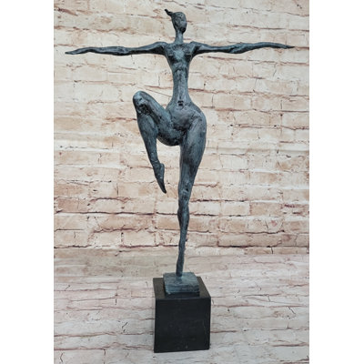 Alexsa Abstract Female Figure Dancer Kicker Bronze Sculpture Green Patina Marble Base