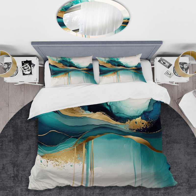 Teal and Gold Abstract Expression II - Ensemble de housse de couette à encre liquide abstraite - Polyester microfibre