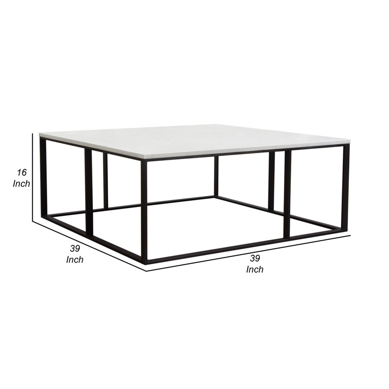 Table basse Lize, plateau moderne en marbre blanc carré de 39 pouces, base noire