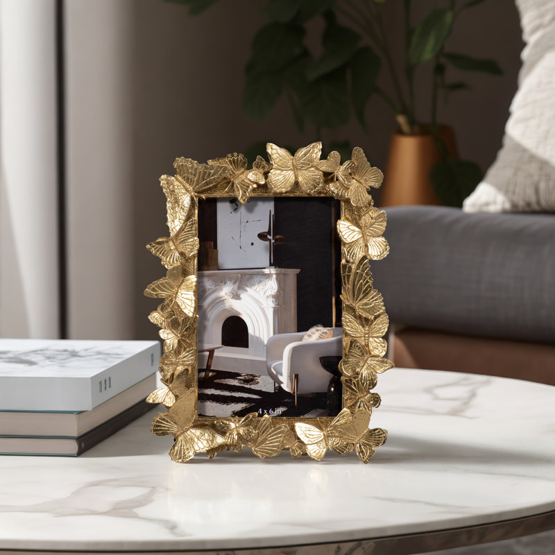Ilarie Boho Butterfly Resin Picture Frame with Glass - 8" Metallic Gold Freestanding Photo Frame for Tabletop Display