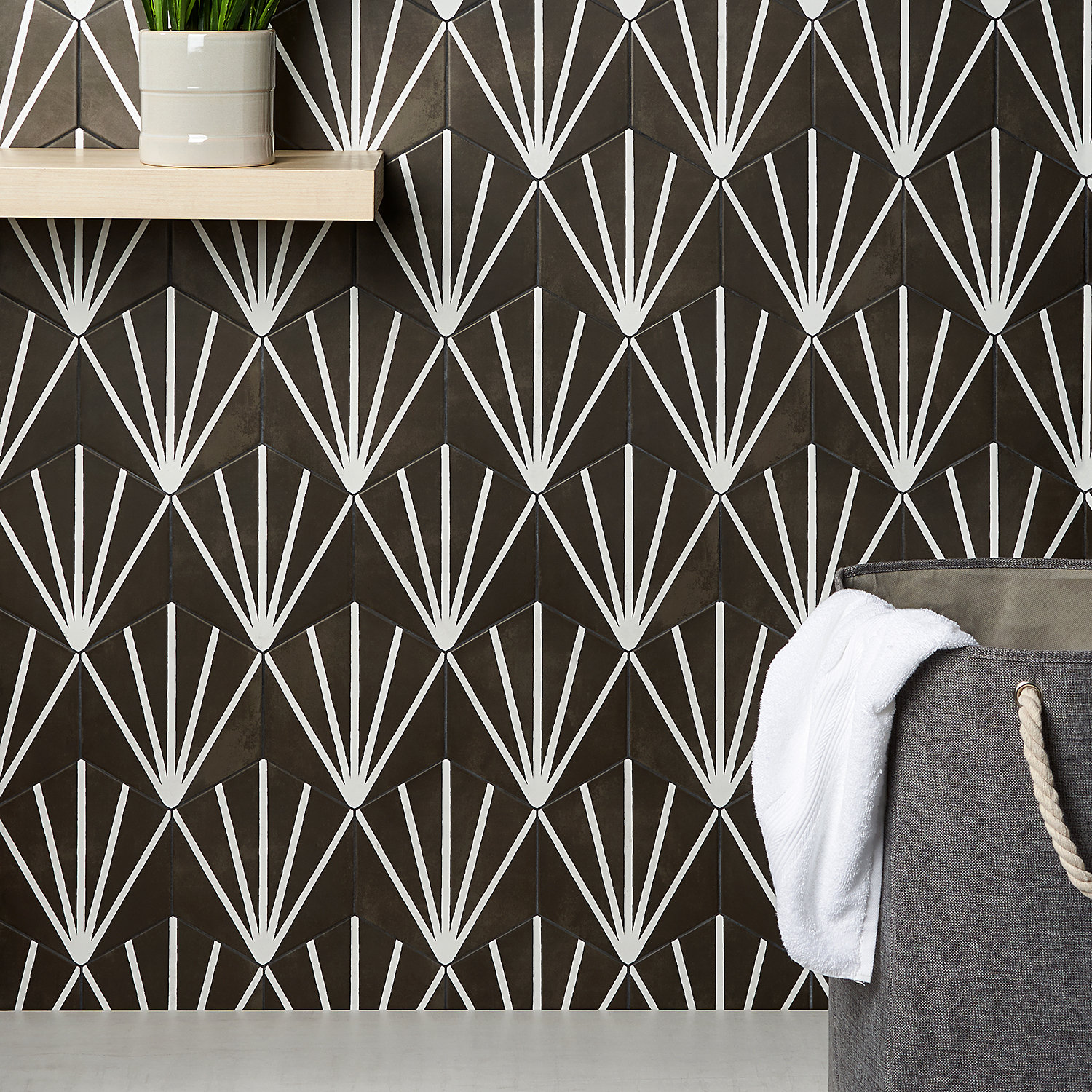 GeoHex Deco 8" Porcelain Tile, Black