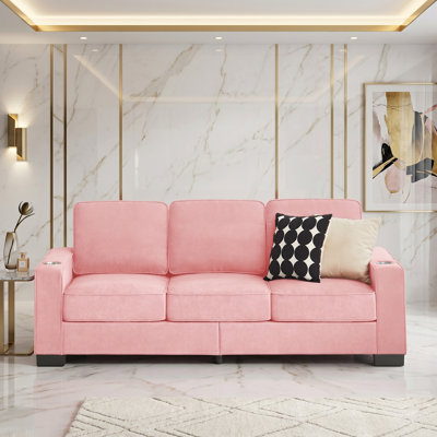 84.25" Upholstered Sofa with Built-In Cup Holders