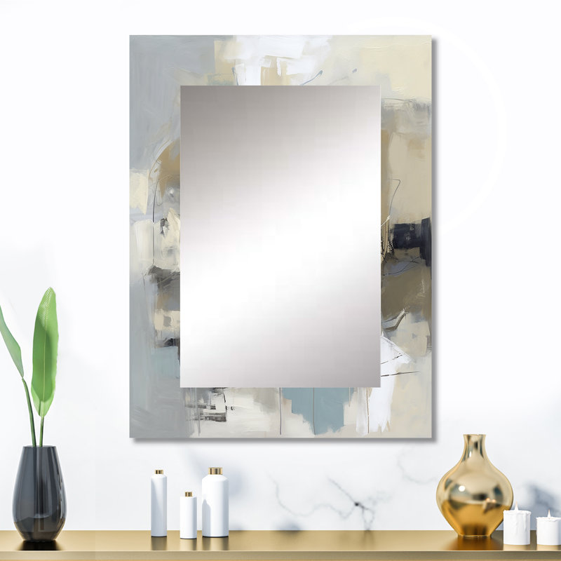 Beige et gris - Créature abstraite I - grand miroir mural, miroir décoratif beige, reproduction d'art en métal, 32 po x 24 po