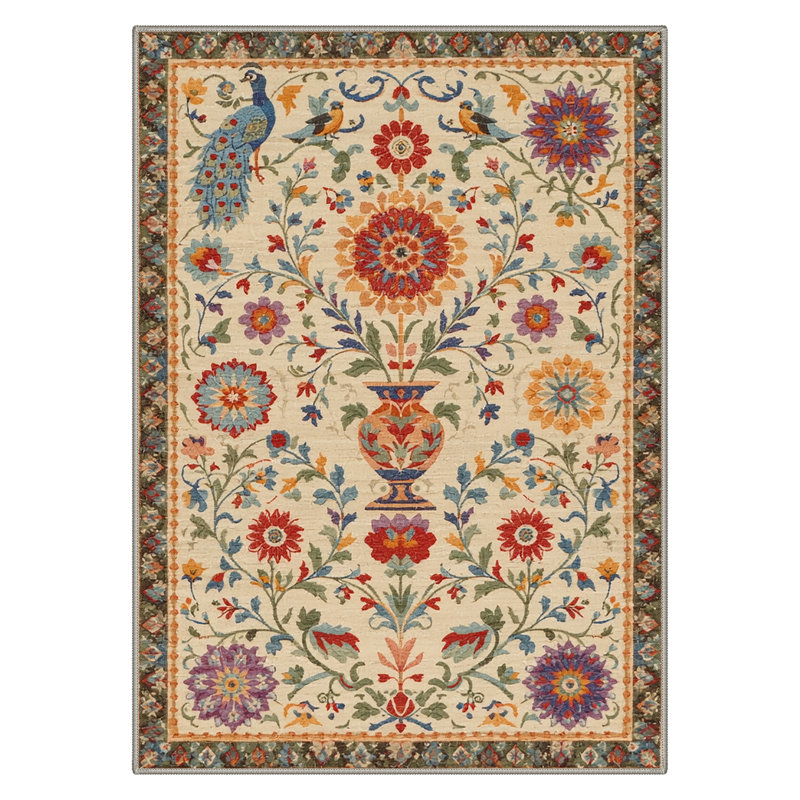 Astraea Vintage Machine Washable Beige Indoor Area Rug with Non-Slip Backing, Rectangle 9' x 12'