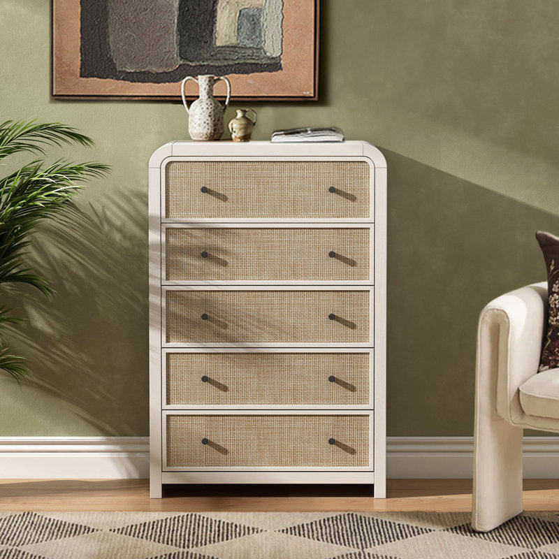 Cevat Rattan 5-Drawers Dresser,Thickened Curved Profile Design, Ivory