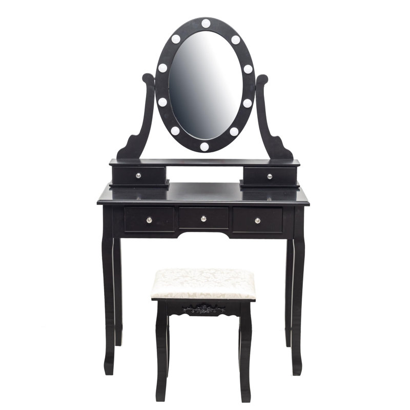 Modern Black Vanity Set with LED Mirror & Stool - Makeup Table with 5 Drawers.  Wood & MDF Dressing Table with 360° Rotating Mirror for Bedroom