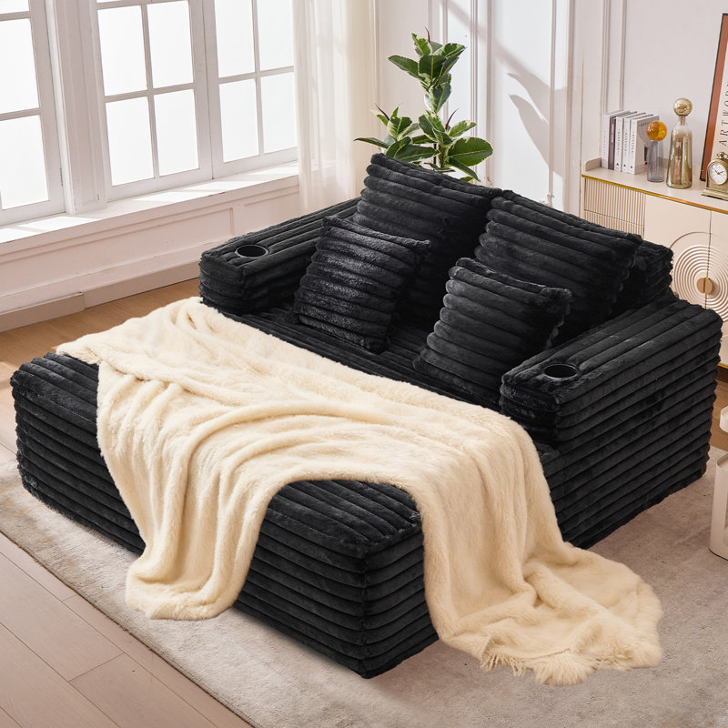 Oversized 53" Black Corduroy Sofa Bed Chaise Lounge, No Assembly, Cup Holder, Black