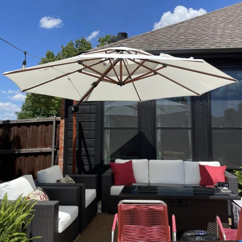 Epperly Round Wood Pattern Cantilever Umbrella with Base, Cream, 108" H x 132" W x 132" D