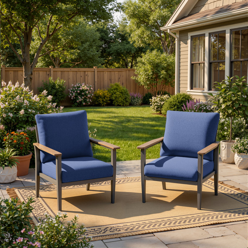 27" Wide All Weather Aluminum Ladder Back Patio Armchair with Wooden Arm, Navy Blue