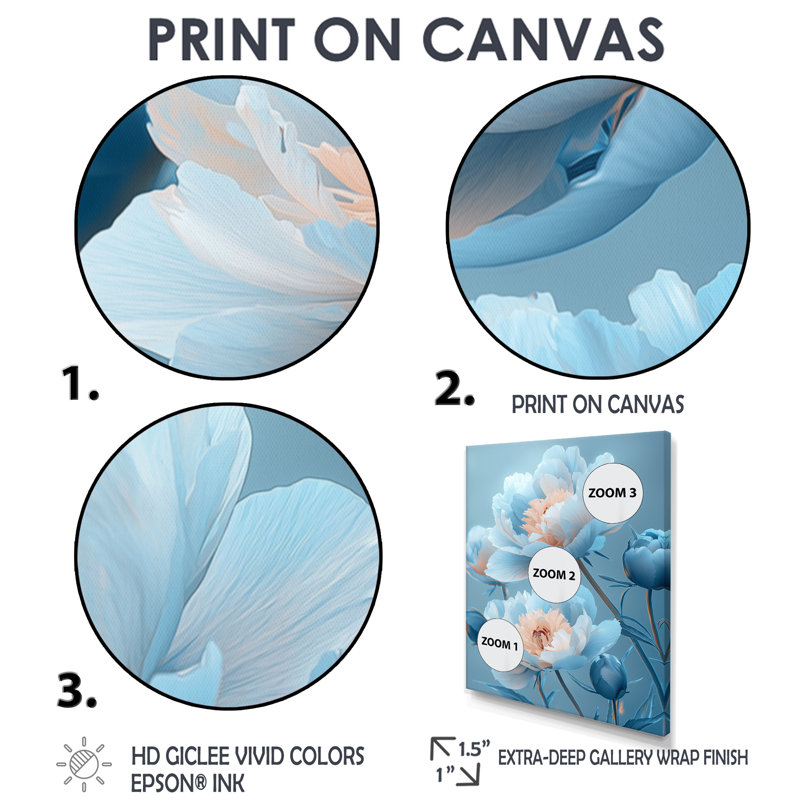 «Blue Velvet Peony Blooms I», art mural pivoines, H 44 po x l 34 po, Reproduction avec cadre flottant, Argent argent