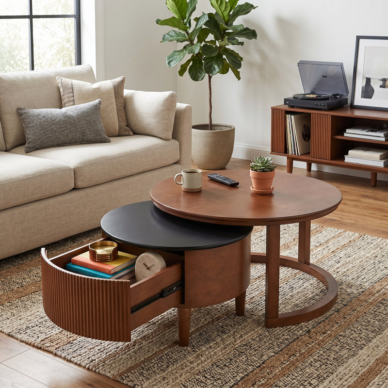 Table basse gigogne ronde 31,5 po cannelée avec tiroir en noir et noyer, peu encombrante, surface lisse unie