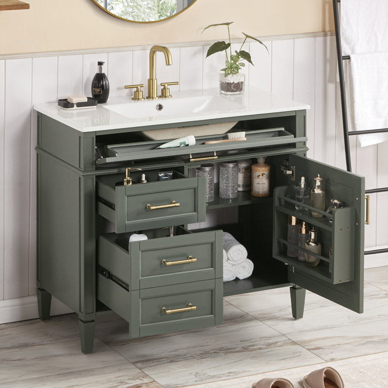 Meuble-lavabo en bois massif 36 po, Vert/doré