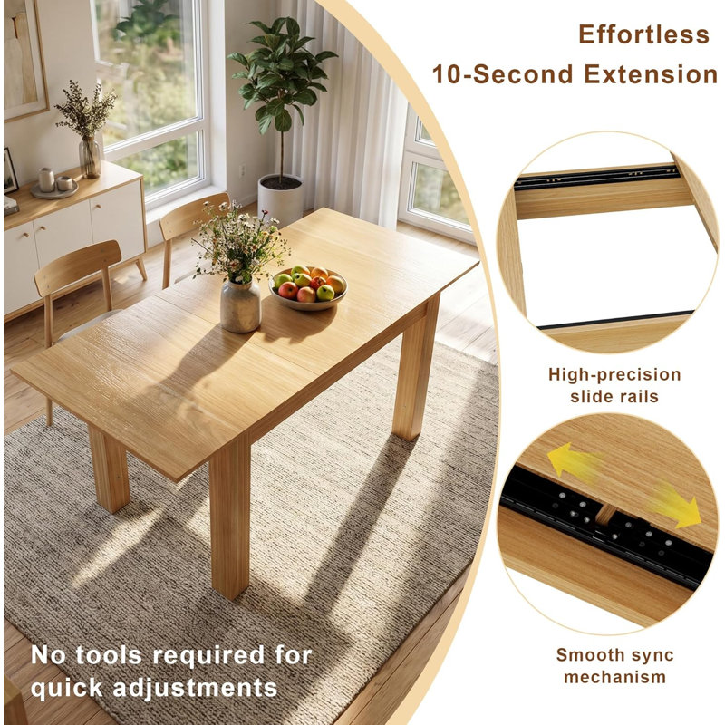 Extendable Dining Table 4 to 6 Seater, 120-160cm Solid Pine Wood Kitchen Table, Space Saving