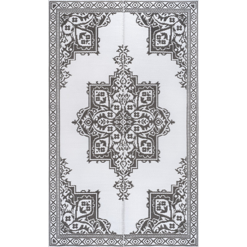 Tapis d'extérieur pliable et imperméable en paille Dory Medallion Border, Gray/White, Rectangle 8' x 10'
