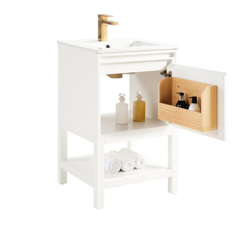 Meuble-lavabo en bois massif blanc préassemblé de 20 po, lavabo intégré en céramique, pieds d'armoire amovibles, tablette réglable, montage sur porte adapté aux petites et élégantes salles de bain, hauteur du produit