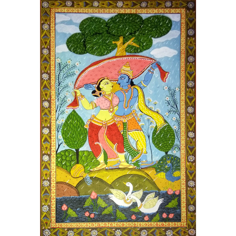 Radha Krishna sous la pluie | Art sur soie | Par Sonam Mishra