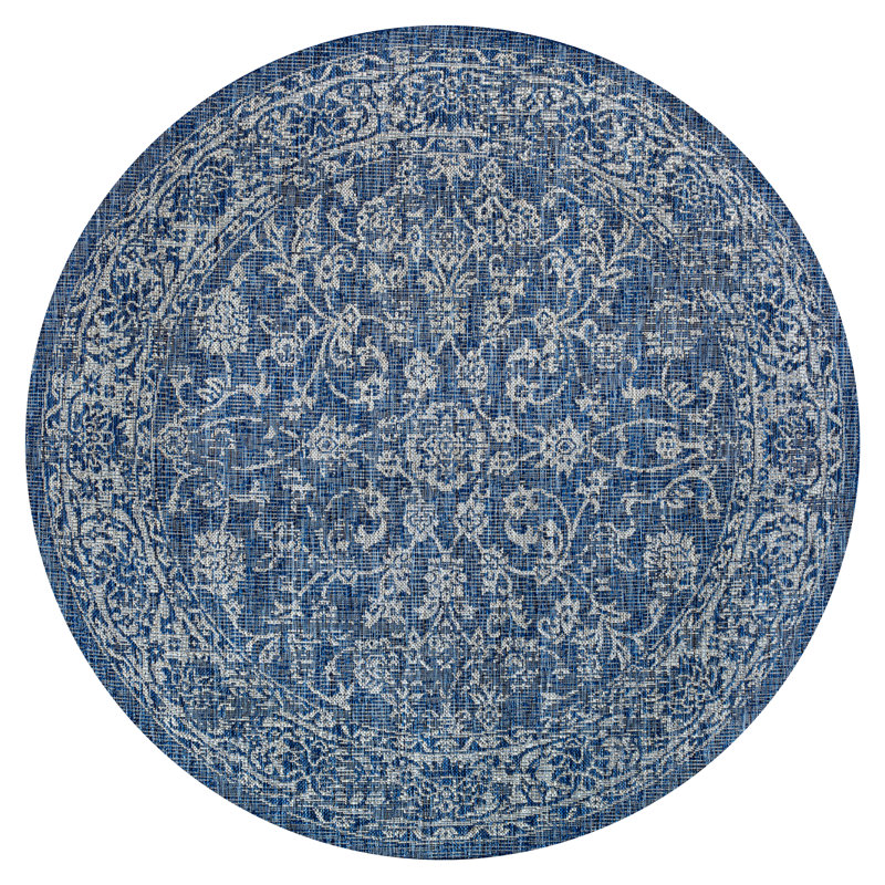 Leonora Bohemian Textured Weave Floral Navy/Gray Indoor/Outdoor Rug, Round 5'3"