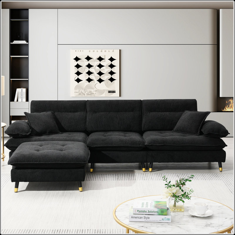 Canapé en chenille avec accoudoirs coussinés, Noir