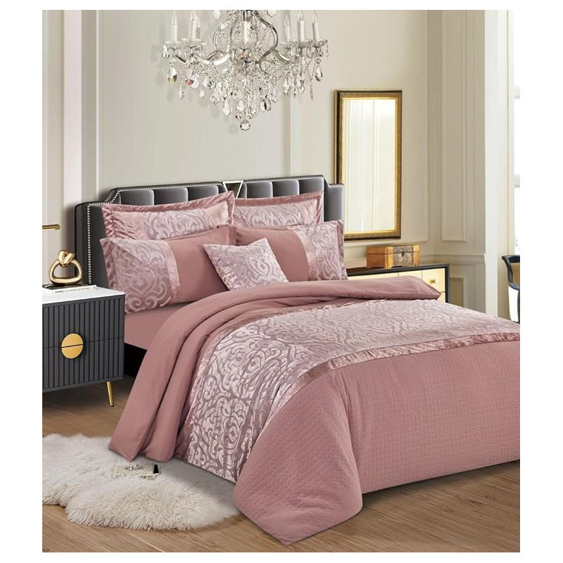 Anderea Velvet Damask Duvet Cover Set with Pillowcases, Pink, 230 x 220 cm