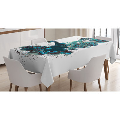 Ambesonne Skull Tablecloth, Vintage Sugar Skull Girl Day Of The Dead Bride With Dark Color Roses Graphic, Rectangular Table Cover For Dining Room Kitchen Decor, 52" X 70", Petrol Blue White