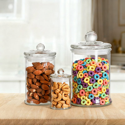 Glass Apothecary Jars With Lids, Bathroom Canisters Storage Container Jars, Decorative Small Glass Apothecary Jar.(Clear/Set Of 3)