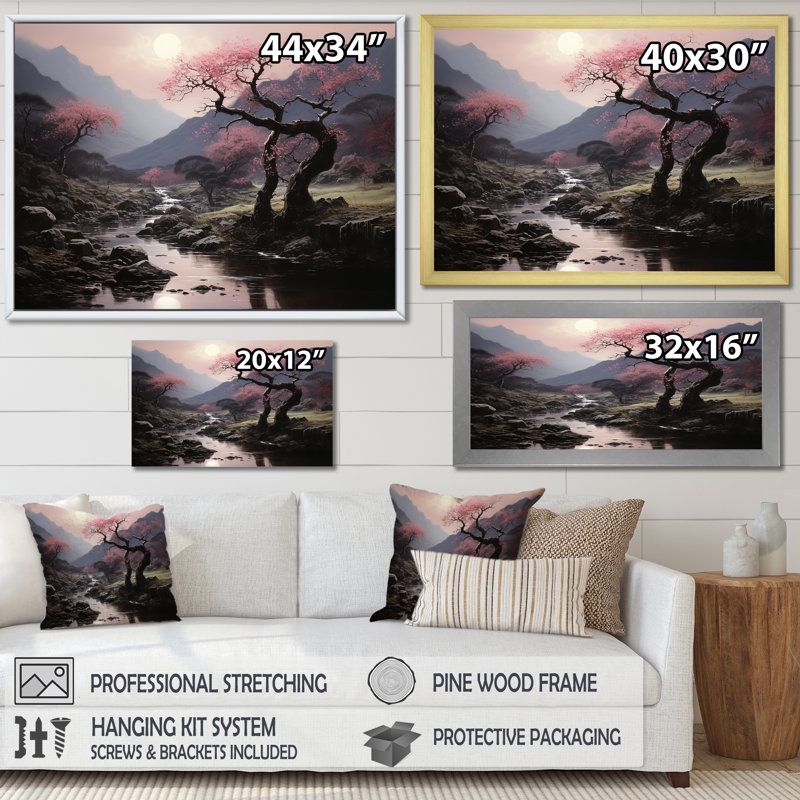 Silhouette de cerisier en fleurs - Art mural cerisier en fleurs, Cadre d'angle fermé noir, H 24 po x l 32 po x P 1 po