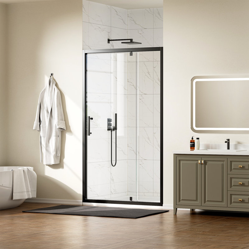 42 In. W X 72 In. H Pivot Framed Shower Door In Matte Black Finish With Tempered Glass, Matte Black