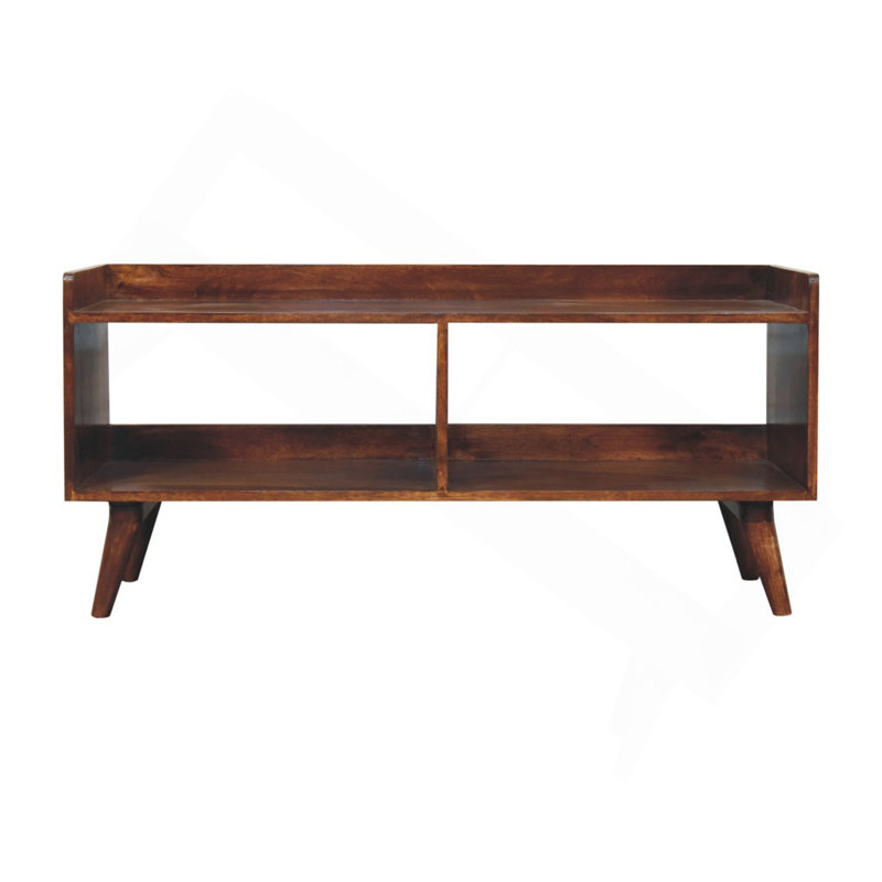 Meuble audio-vidéo en bois et châtaignier à dessus ouvert en bois, 2 tablettes ouvertes, pieds nordiques, brun foncé