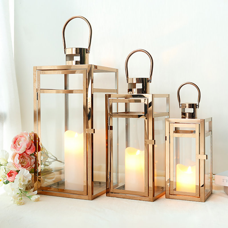 Metal Tabletop Lantern, Rose Gold