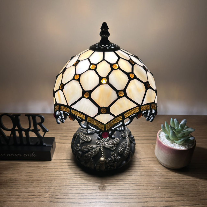 Standwood Tiffany Mini Table Lamp Gold Stained Glass Crystal Beans Included LED Bulb 12"H*8"W*8"D
