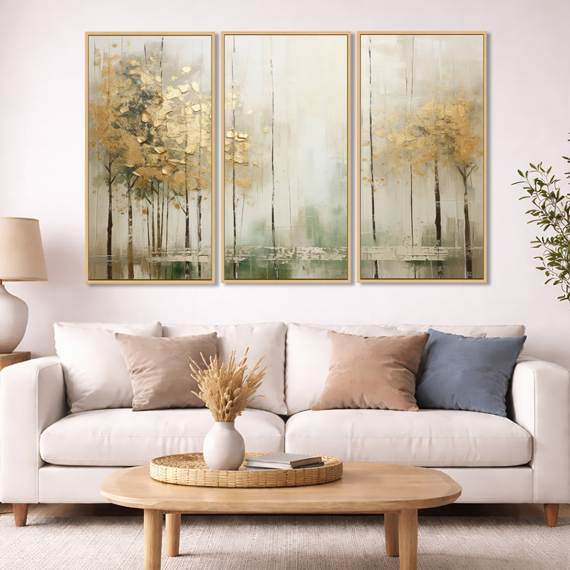 «Minimalisme beige et or forêt II», ensemble de reproduction d'art mural forêt, H 40 po x l 60 po x P 1 po