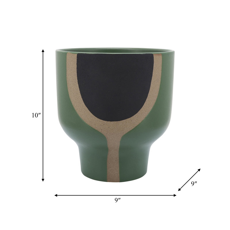 Boho 10" Emerald Ceramic Planter in Mushroom Shape, Green/Beige/Black