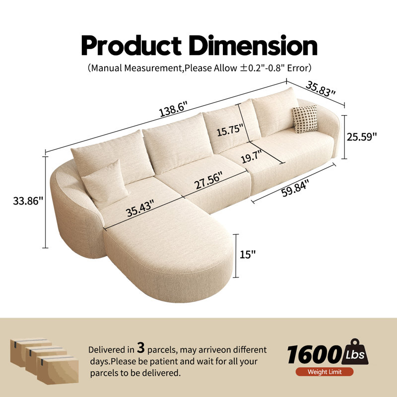 Canapé modulaire incurvé modulaire Boneless, Blanc, H 33,86 po x l 138,6 po x P 72 po, Orienté à gauche (vu de face)