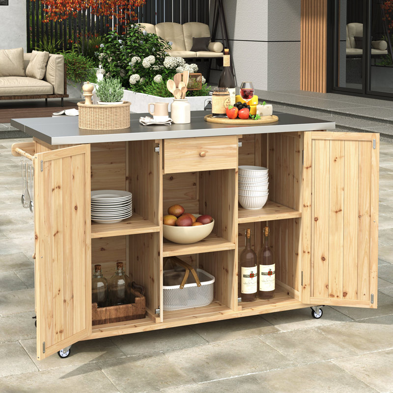  Îlot de cuisine extérieur en bois de sapin avec plateau en acier inoxydable