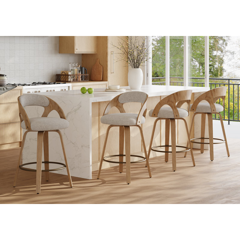 Curved Upholstered Swivel Counter Stools — Mid-Century Modern Design, Gray