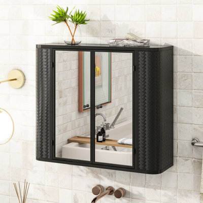 Meuble de rangement de salle de bain noir avec 2 miroirs et étagère ouverte, style américain vintage, revêtement en poudre, profondeur 68,2 cm, compartiment avec portes miroir, style design, hauteur 58,4 cm, poids du colis 13,2 kg