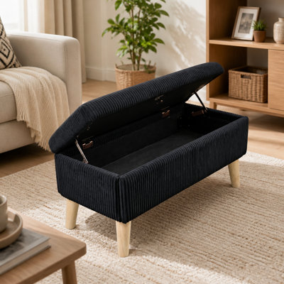 Banc de rangement en velours côtelé de 31,99 pouces avec pieds en bois massif et tabouret multifonctionnel