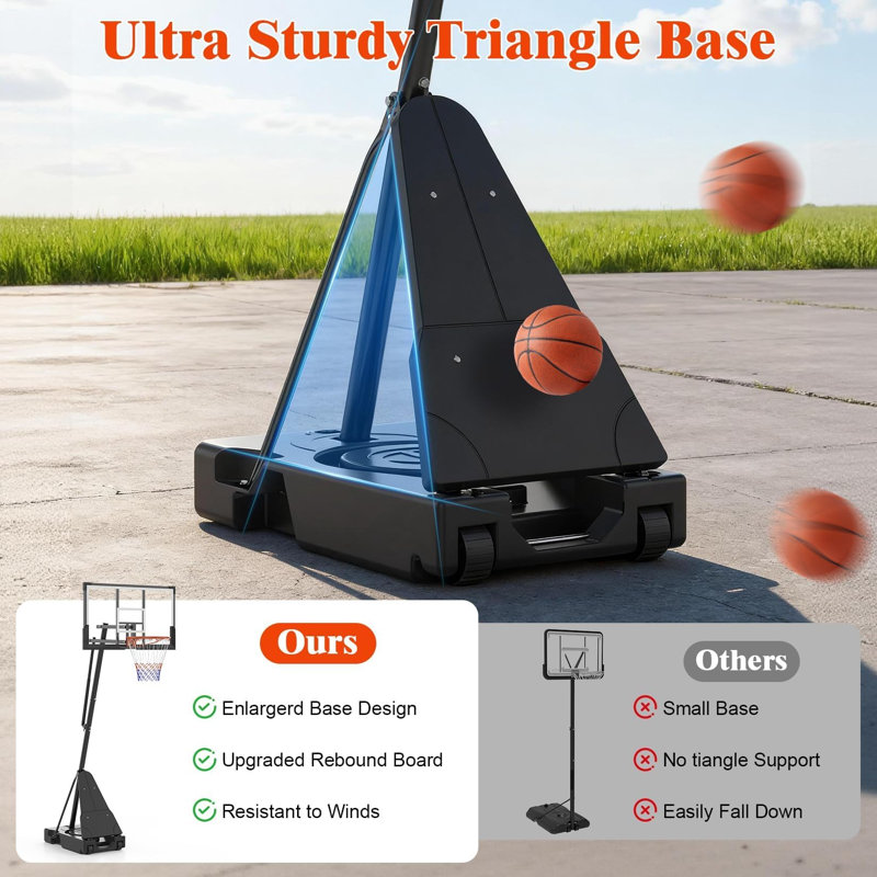 Panier de basketball portatif 4,9 à 10 pi de hauteur réglable avec panneau de 44 po en PC, roues et base stable