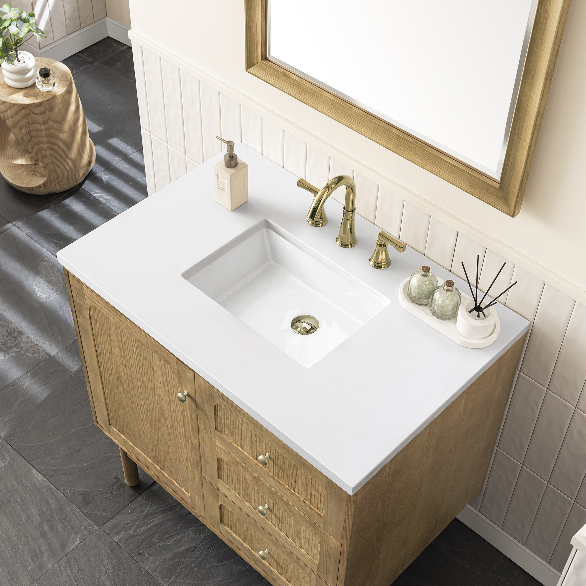 Laurent 36'' W Single Vanity, 8" Widespread, Light Natural Oak, White Zeus