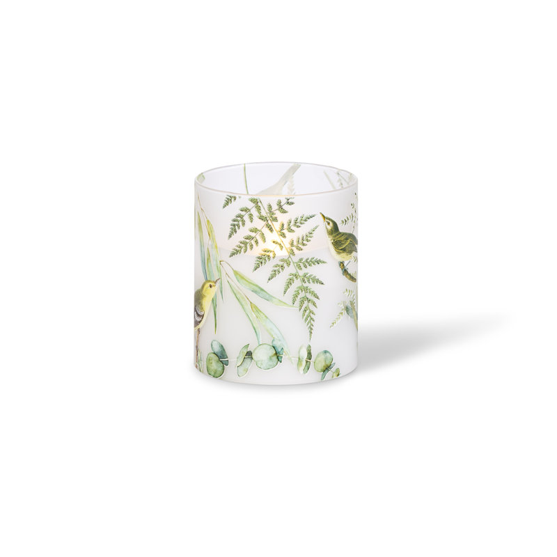 3.5in by 4in Illumaflame Hand Poured Wax Candle with Fern and Songbird Floral Patterned Frosted Glass