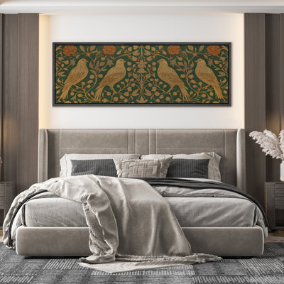 Classic Botanical Bird and Floral Pattern in Vintage Green and Gold - Large Framed Canvas Master Bedroom Wall Art Print