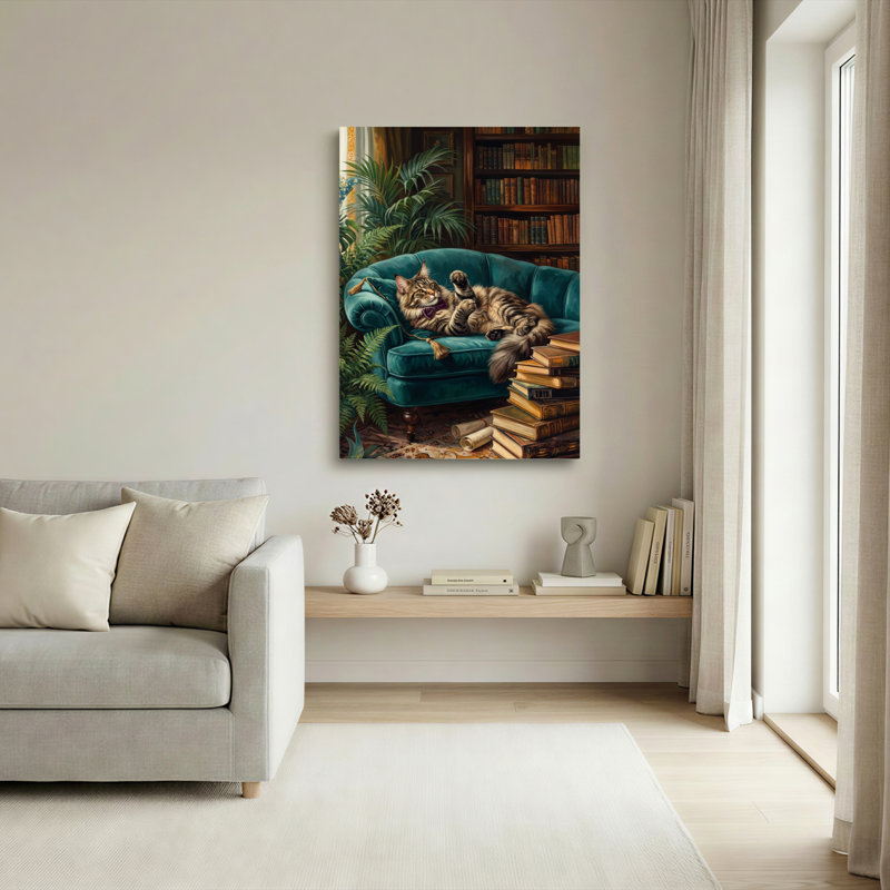 Chat, bibliothèque, reproduction d'art sur toile, ensemble de 1, Wrapped Canvas, 24"H x 16"W