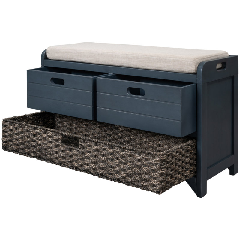 Banc de rangement avec panier amovible et 2 tiroirs, banc à chaussures entièrement assemblé avec coussin amovible, Marine